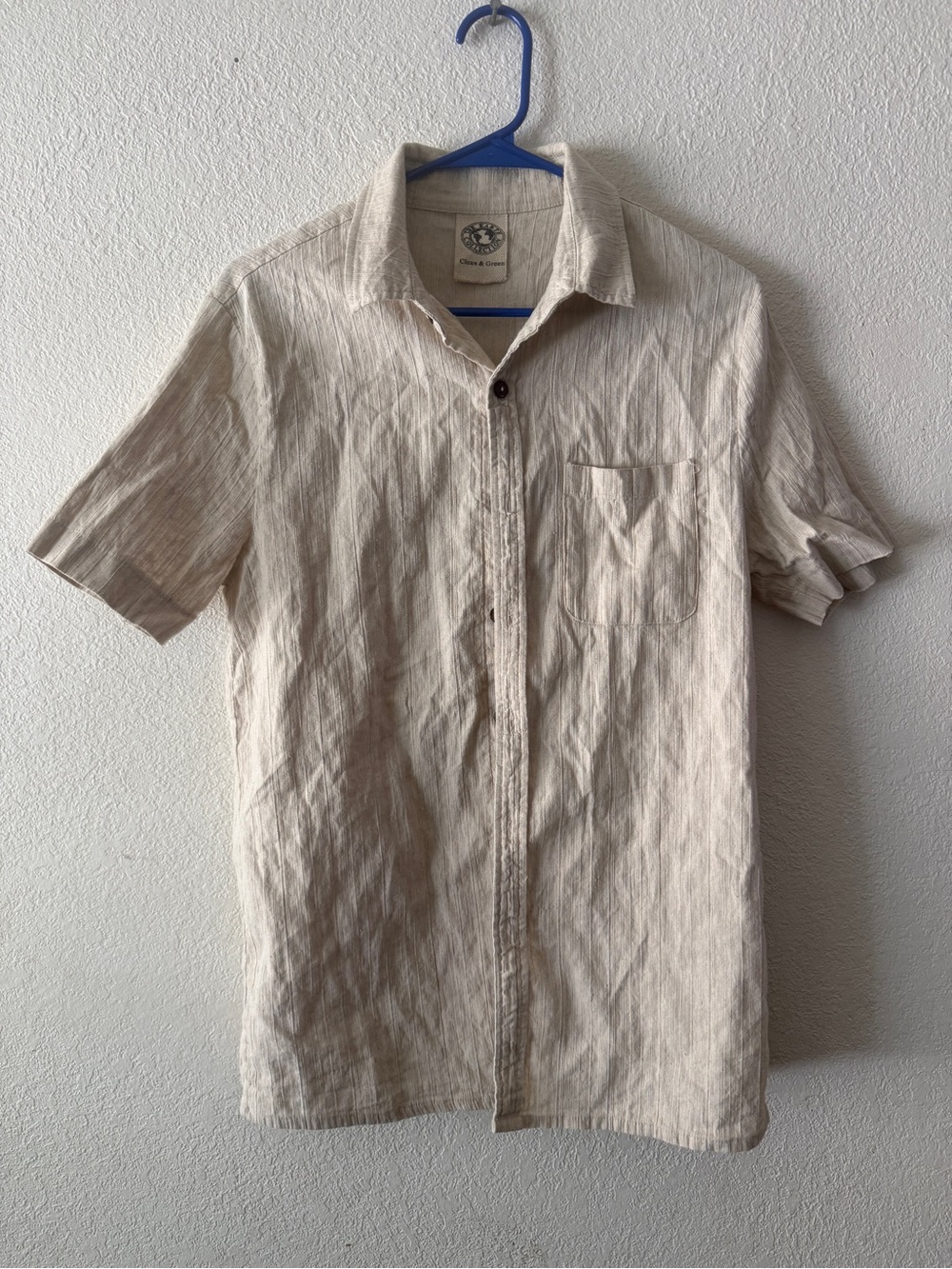 Men’s Small Linen Beige Short-Sleeve Button-Down Shirt by The Earth Collectjon